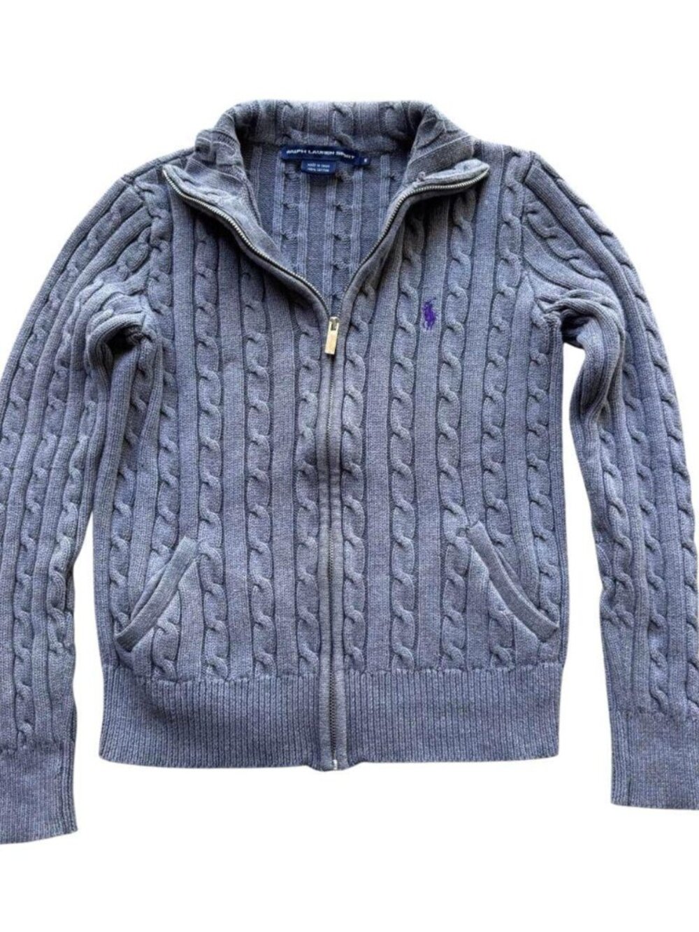 Ralph Lauren Sport Gray Cable Knit Cotton Zip Up Sweater Size M